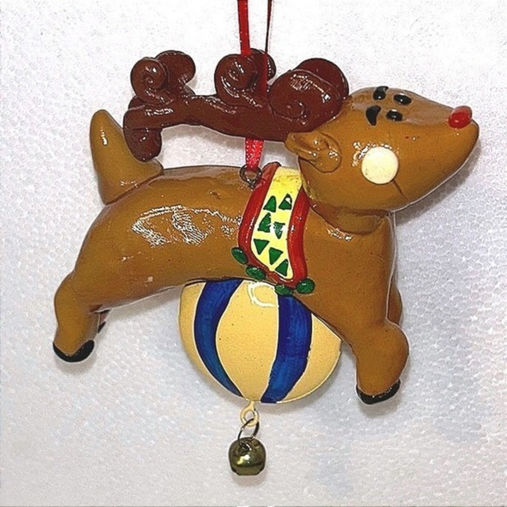 Vintage Circus Reindeer Christmas Tree Ornament Hand Painted Resin 5"